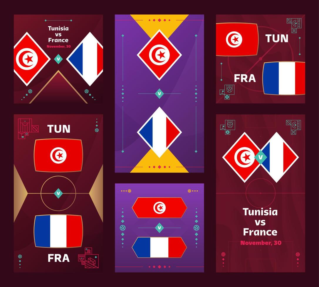 Partido túnez vs francia. banner vertical y cuadrado de fútbol mundial 2022 para redes sociales. Infografía de fútbol 2022. fase de grupos anuncio de ilustración vectorial vector