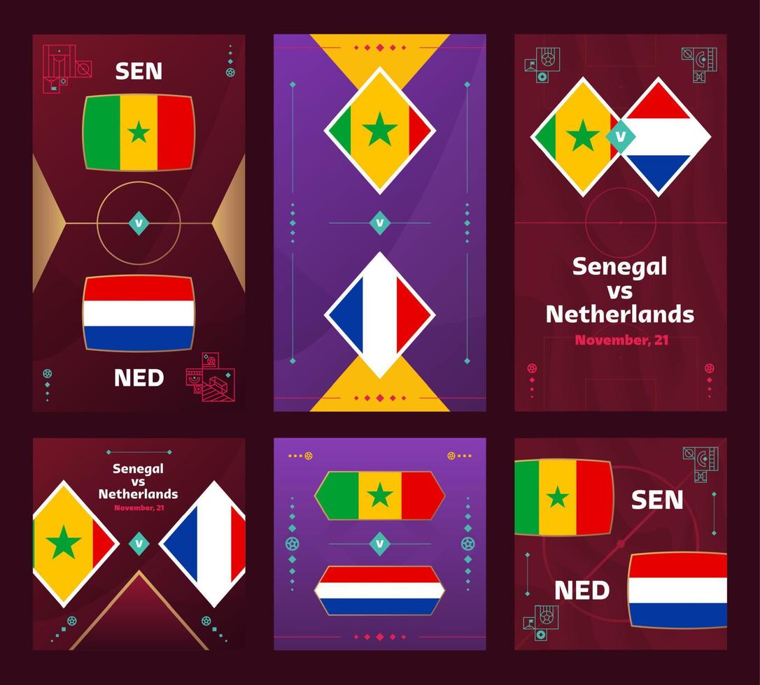 Senegal vs Netherlands Match. World Football 2022 vertical and square banner set for social media. 2022 Football infographic. Group Stage. Vector illustration announcement
