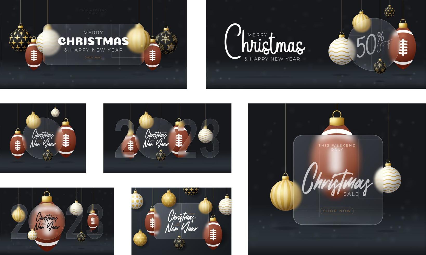 American Football Christmas sale banner or greeting card. happy new year and merry christmas sport banner with glassmorphism, glass-morphism or glass morphism blur. Realistic vector illustration