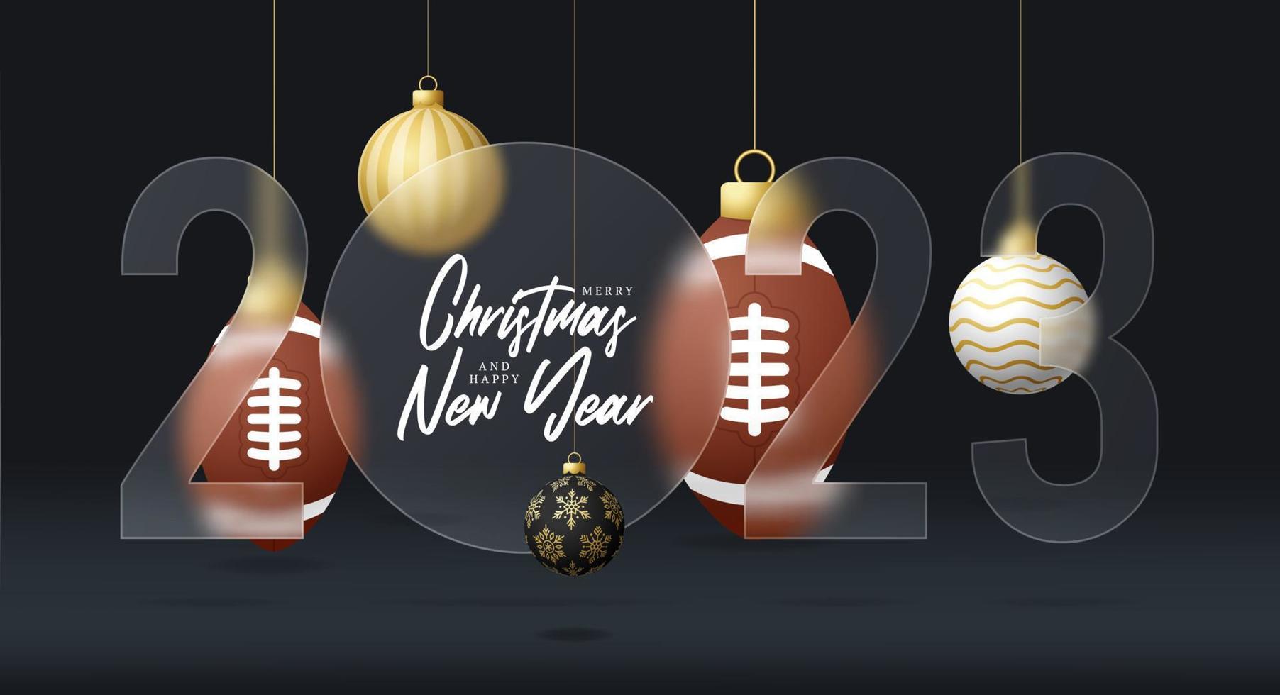 banner de venta de año nuevo de fútbol 2023 o tarjeta de felicitación. feliz año nuevo y feliz navidad banner deportivo con efecto de desenfoque de morfismo de vidrio, morfismo de vidrio o morfismo de vidrio. ilustración vectorial realista vector