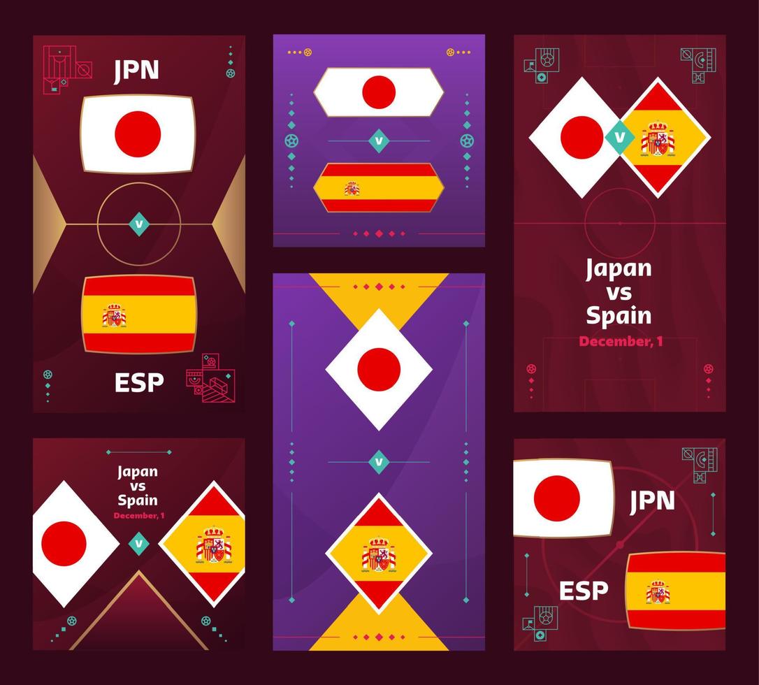 Partido japón vs españa. banner vertical y cuadrado de fútbol mundial 2022 para redes sociales. Infografía de fútbol 2022. fase de grupos anuncio de ilustración vectorial vector