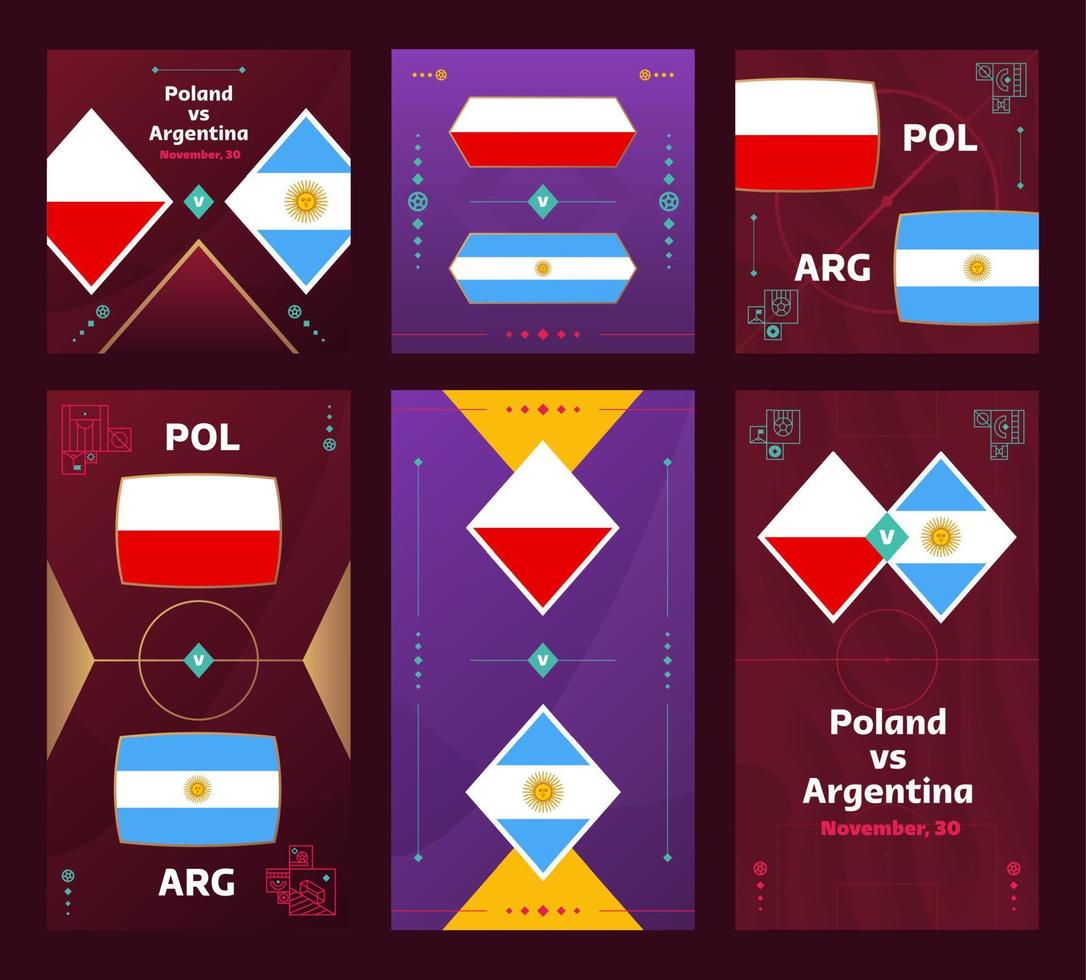 Poland vs Argentina Match. World Football 2022 vertical and square banner set for social media. 2022 Football infographic. Group Stage. Vector illustration announcement