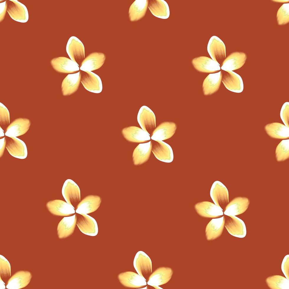 papel tapiz de otoño con lindas flores de frangipani naranja patrón tropical sin costuras sobre fondo pastel. fondo floral. textura de impresión de moda. diseño vectorial papel pintado de la naturaleza. papel pintado de flores vector