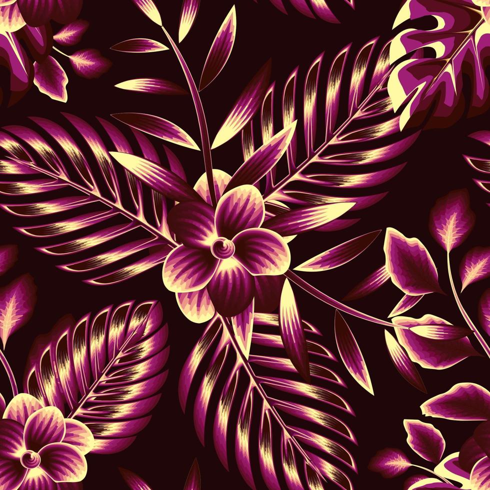 hermosas hojas de palma patrón tropical sin costuras con follaje de plantas de flores de frangipani marrón rosa y beige sobre fondo oscuro. textura de moda. papel pintado de la naturaleza. fondo floral. diseño de otoño vector