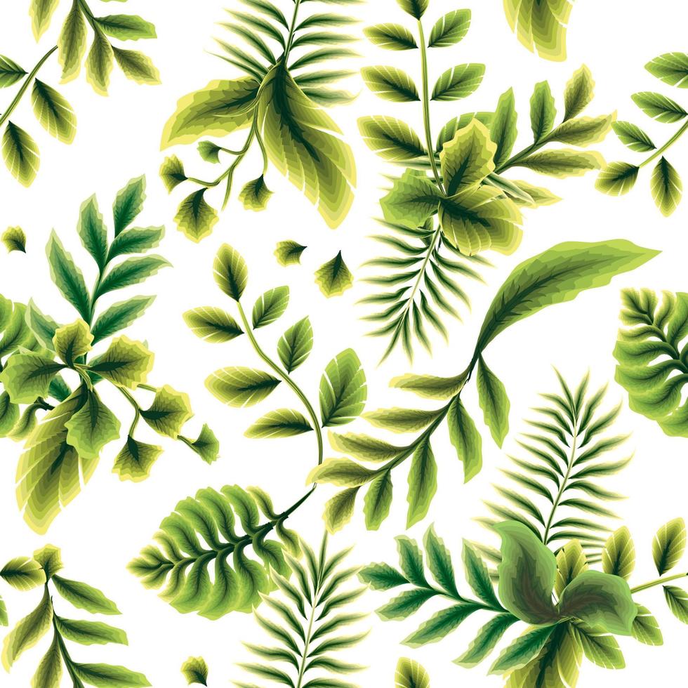 patrón tropical sin costuras de moda con hojas de plantas verdes y follaje sobre fondo blanco. hermosas plantas exóticas. estampado hawaiano de verano de moda. naturaleza colorida con estilo. papel pintado de la naturaleza. otoño vector