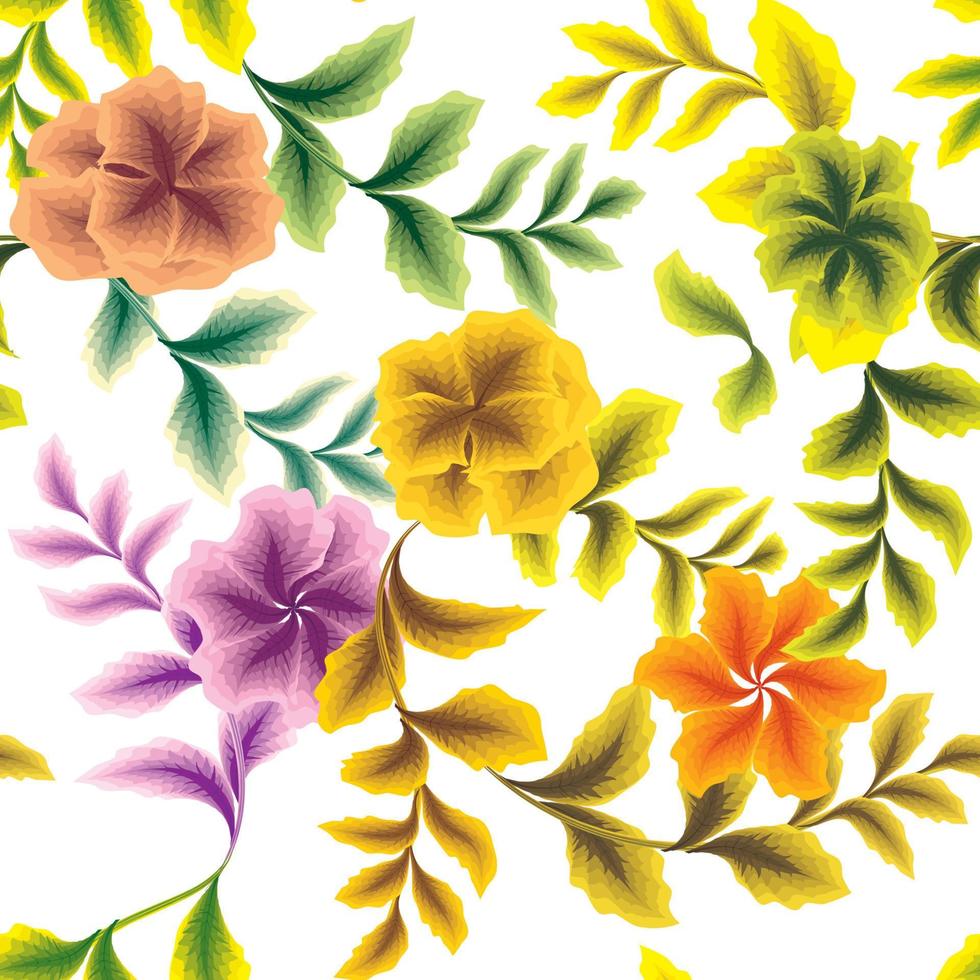 colorido patrón floral transparente con hojas tropicales y follaje de plantas sobre fondo blanco. textura de estampados de moda. fondo floral. diseño de verano. impresión de la selva. papel pintado natural. otoño vector