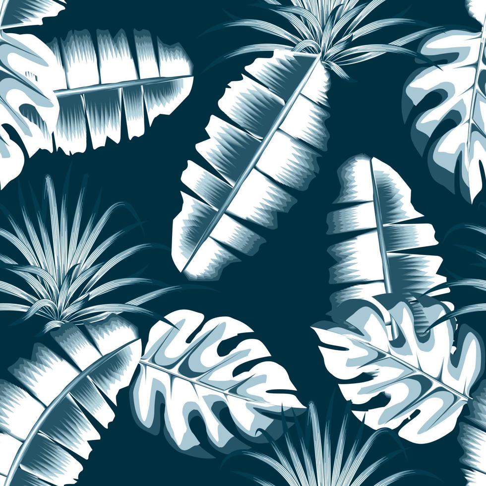 patrón sin costuras de papel tapiz de naturaleza vintage con hojas de monstera de plátano azul claro y follaje de plantas tropicales monocromáticas sobre fondo oscuro. fondo tropical. fondo de pantalla de la jungla. verano exótico vector