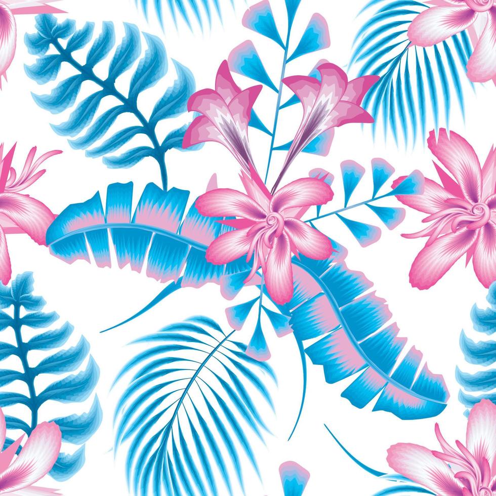 pink floral seamless pattern with blue tropical banana palm leaves and plants foliage on white background. autumn wallpaper. spring background tropical background. Floral background. Summer design vector