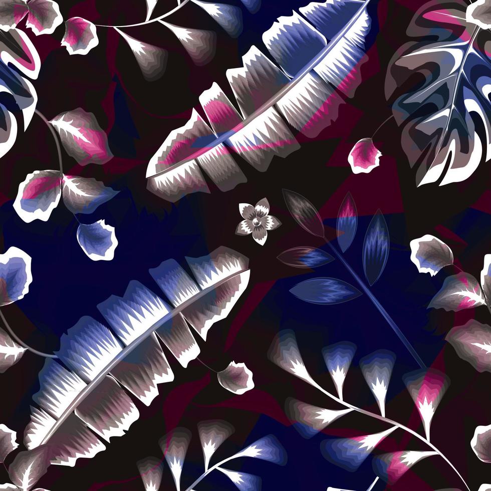 hojas de plátano tropical y follaje de plantas de patrones sin fisuras en colores elegantes sobre fondo oscuro. textura de estampados de moda. papel pintado de la naturaleza. fondo tropical. trópicos exóticos. diseño de verano vector