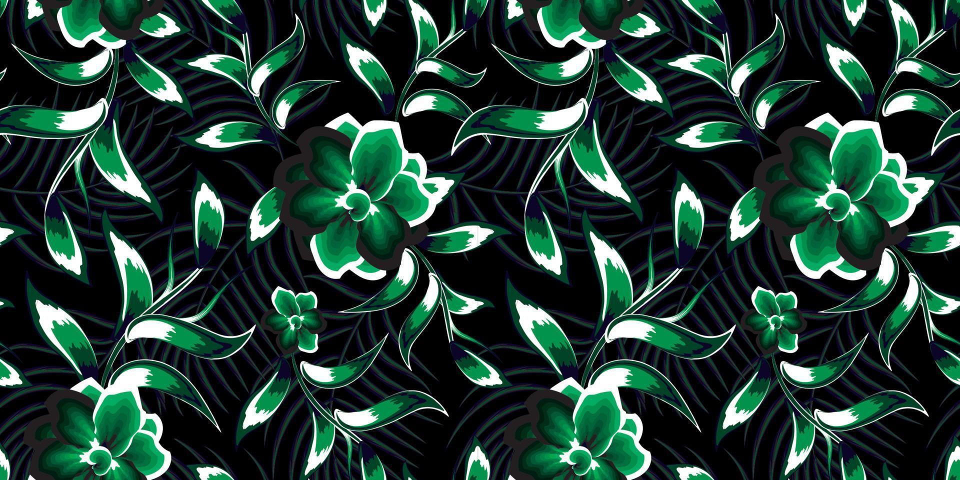 patrón transparente de color verde vintage con plantas de flores de jazmín tropical y follaje sobre fondo oscuro. fondo floral. fondo de la naturaleza. papel pintado tropical. capullos de flores grandes dibujados a mano vector