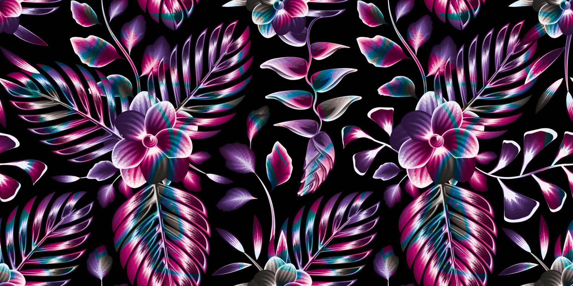 Fondo de naturaleza colorida de patrones sin fisuras con hojas de palmeras tropicales y follaje de plantas de flores de heliconia sobre fondo oscuro. patrones sin fisuras tropicales. naturaleza decorativa. imprime textura. otoño vector