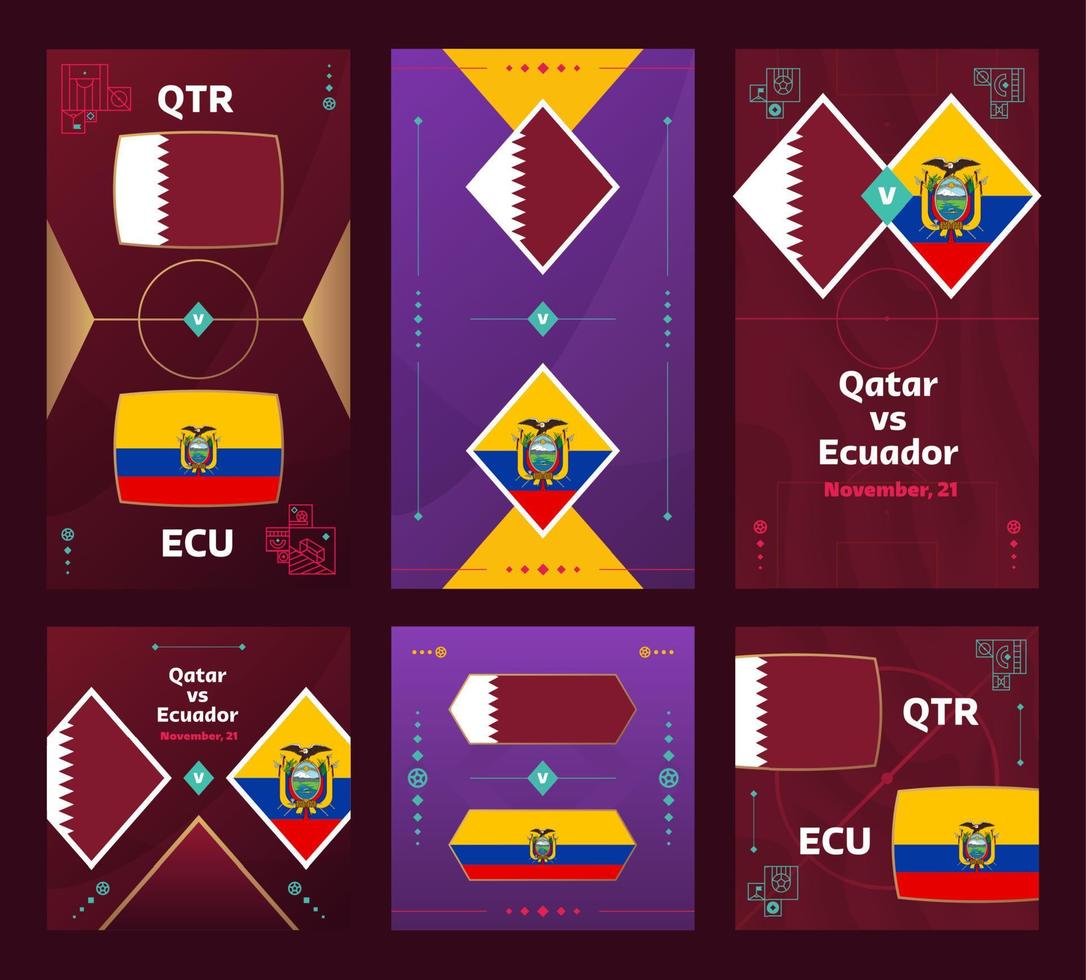 partido qatar vs ecuador. Juego de banners verticales y cuadrados de fútbol mundial 22 para redes sociales. 22 infografía de fútbol. fase de grupos anuncio de ilustración vectorial vector