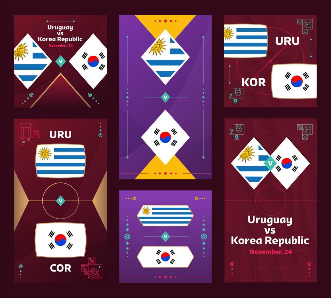 Partido uruguay vs corea. banner vertical y cuadrado de fútbol mundial 2022 para redes sociales. Infografía de fútbol 2022. fase de grupos anuncio de ilustración vectorial vector