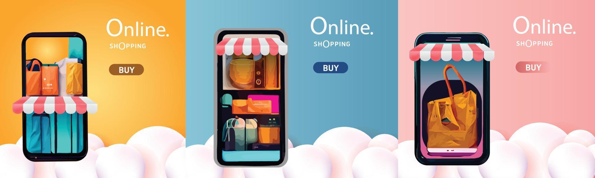 Online shopping or delivery concept illustration 3d vector show trolley, bags and boxes. Modern trendy design bright colors on smartphone