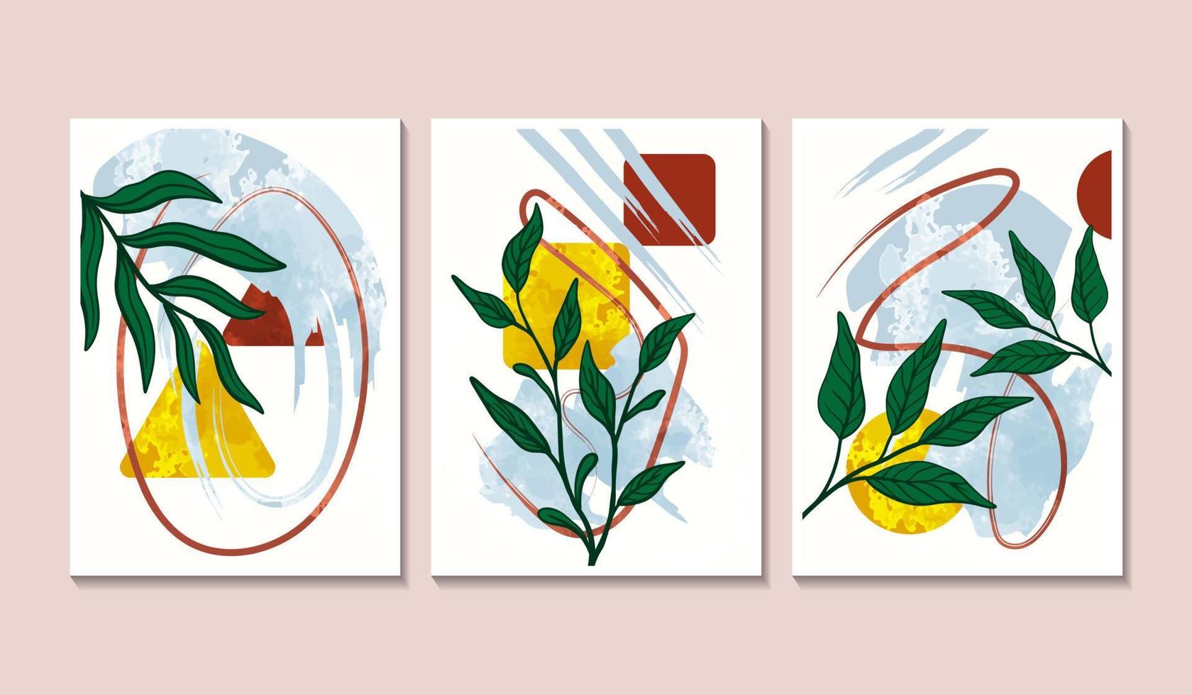 Set of 3 minimalist wall art poster with palm leaves and abstract shapes element vector