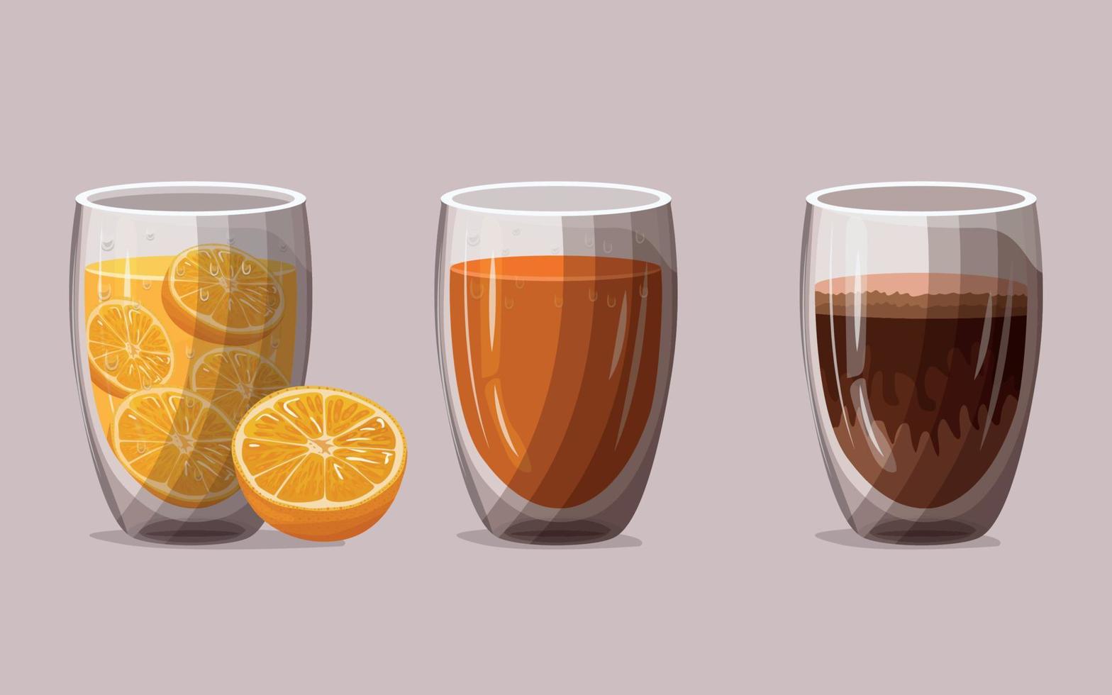 un conjunto de diferentes bebidas, café con leche y jugo de naranja vector