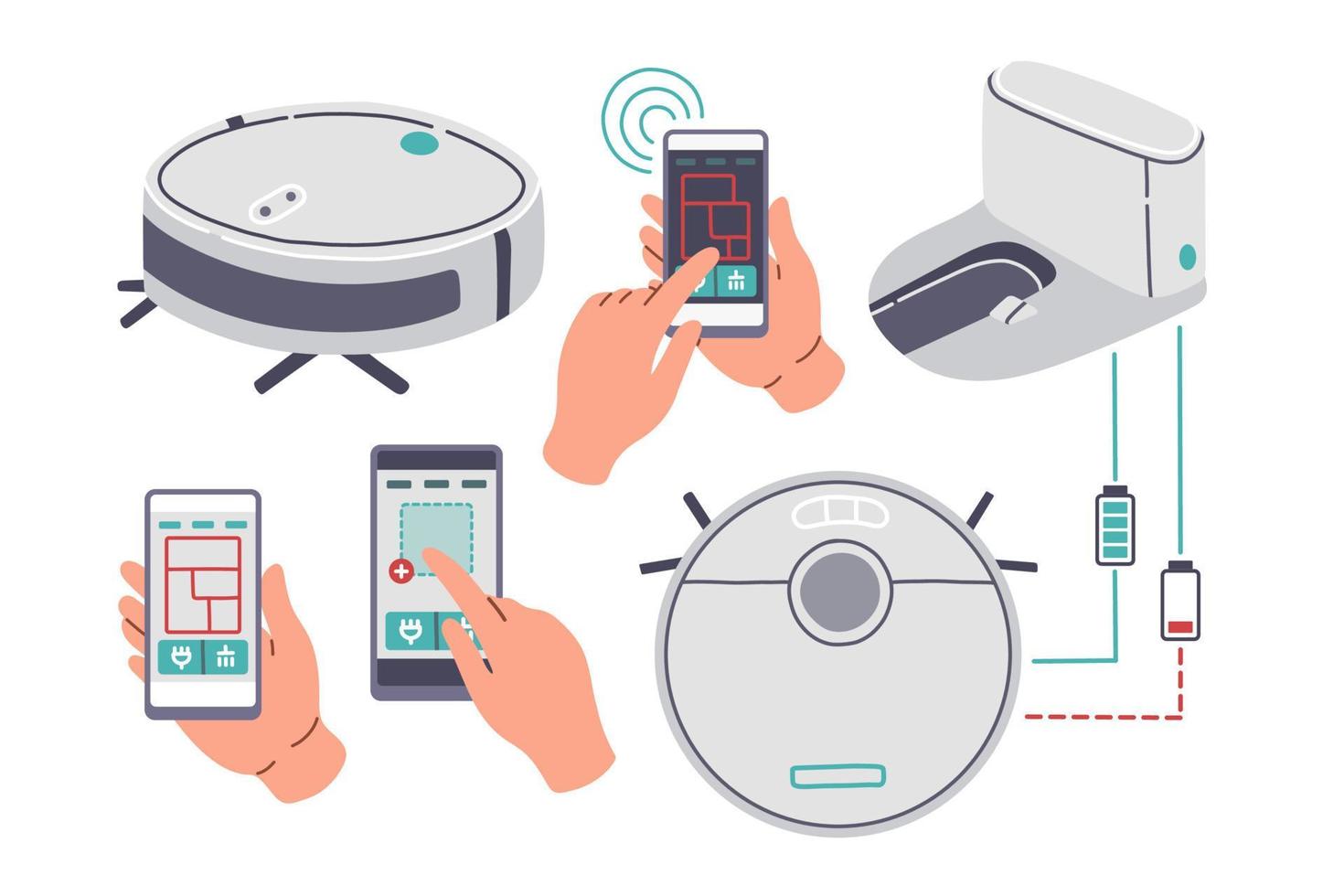 robot aspirador conjunto ilustración vectorial de diseño plano, aislado en fondo blanco, estación de doc, aplicación, manos sosteniendo el teléfono inteligente con aplicación vector