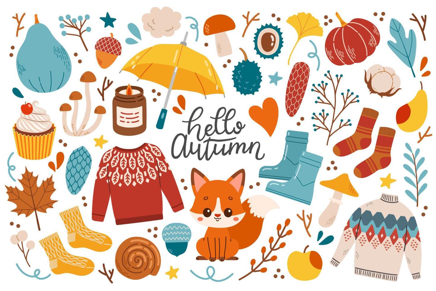 Autumn icons set vector illustration leaves, pumpkins, sweater, cute animals, socks, floral wreath