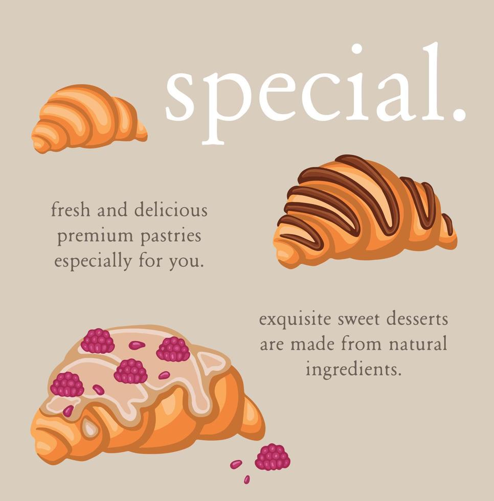 Postcard sweet desserts croissants special vector