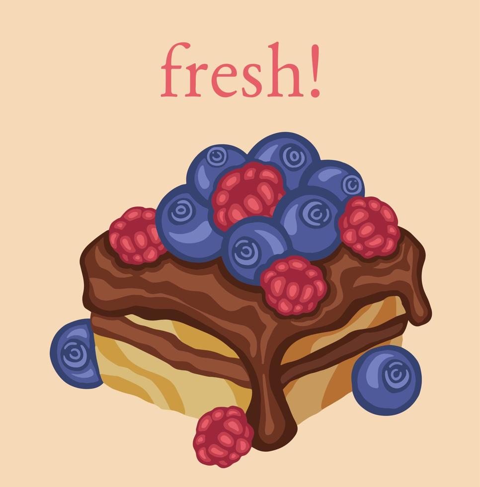 postal dulce brownie postres frutas frescas vector