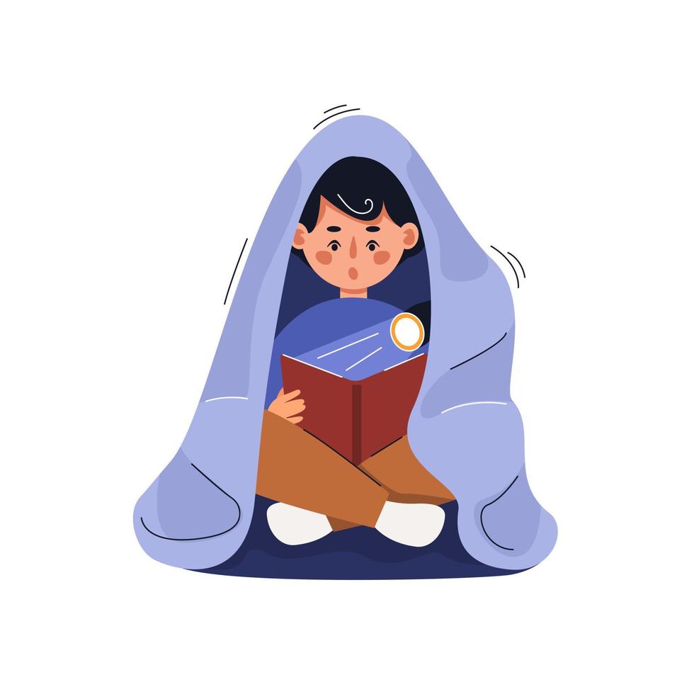 Child reads book under blanket with flashlight. Happy childhood. Isolated vector illustration.