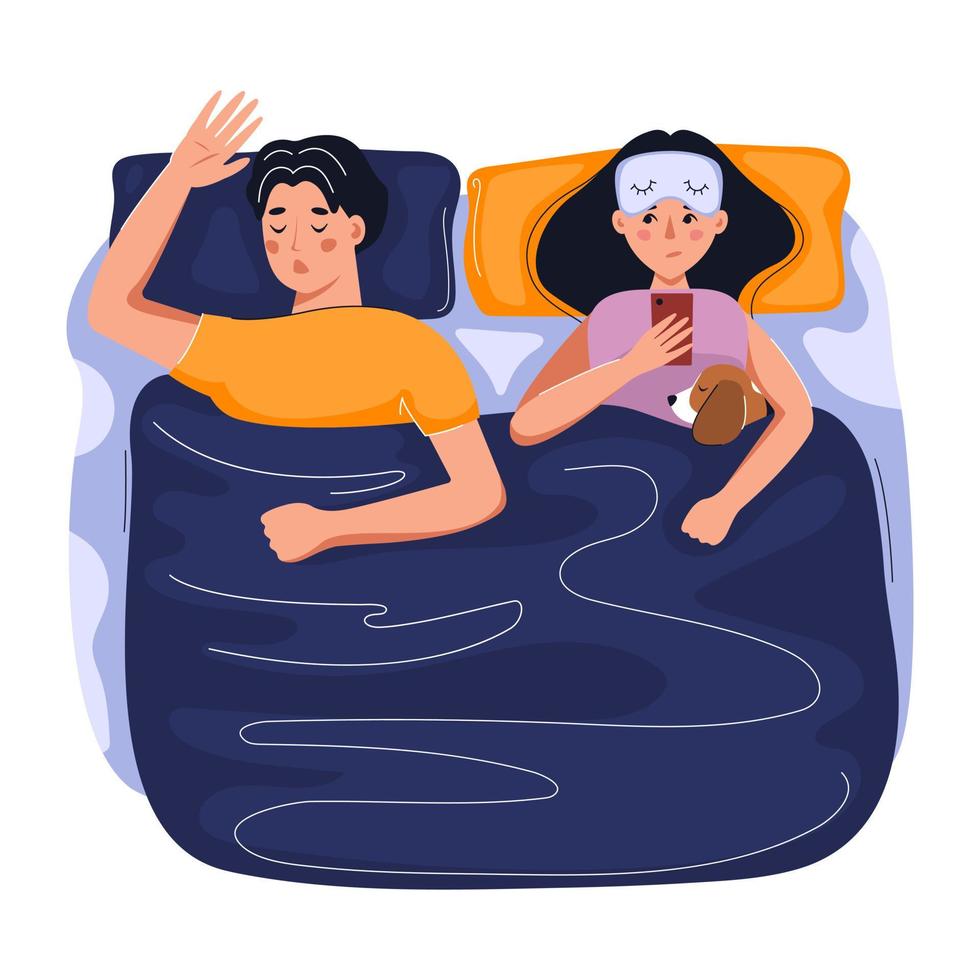 Woman can't sleep because of partner's snoring. Sleep apnea, snoring, health sleep concept. Vector flat illustration.