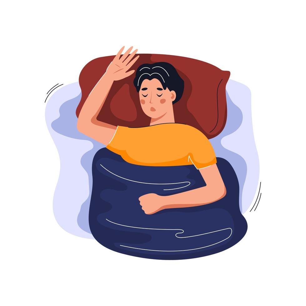 hombre durmiendo en la cama. apnea del sueño, ronquidos, concepto de sueño saludable. ilustración plana vectorial. vector