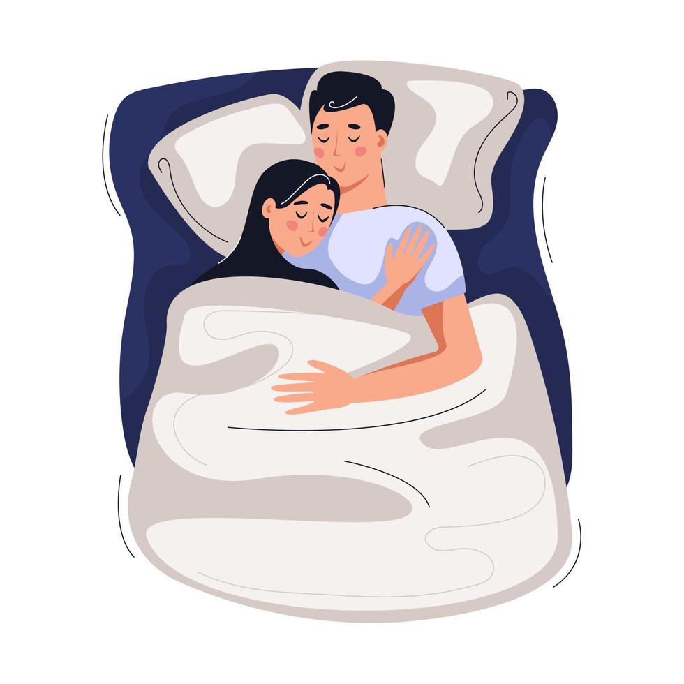 Couple sleeping sweetly in bed. Routine, healthy sleep concept. Vector flat illustration.