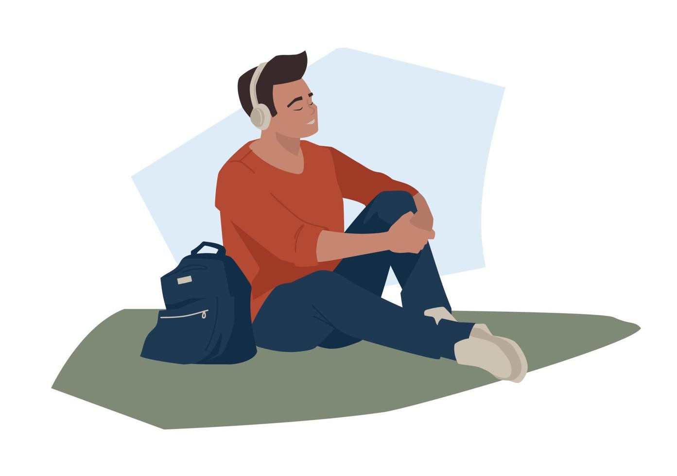 Student, teenager. The guy in the headphones is sitting on the grass. Relaxation. Vector image.