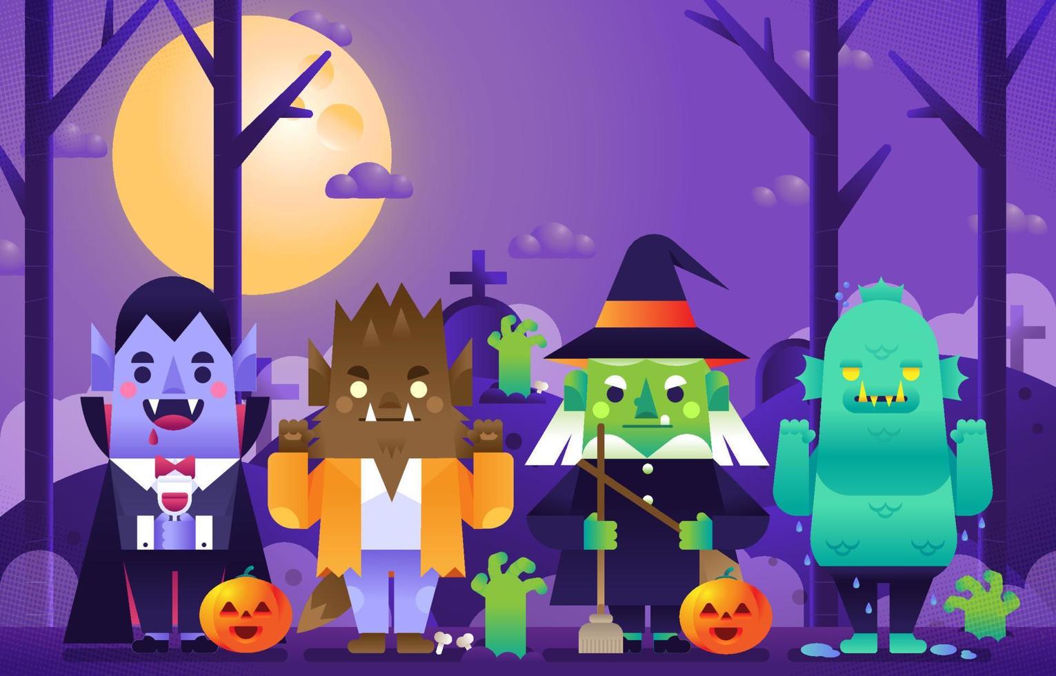 el desfile de monstruos de halloween en el cementerio vector