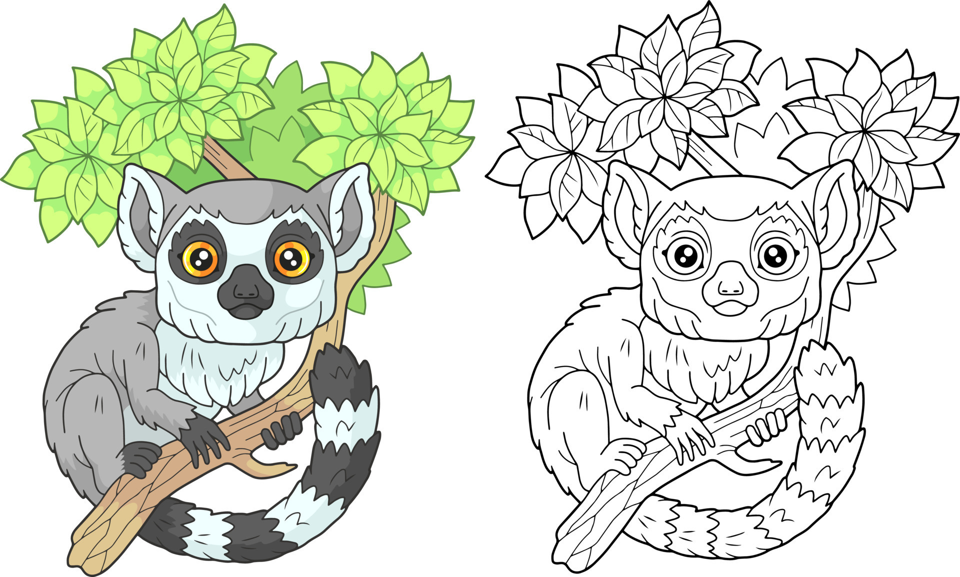 cute little lemur, coloring book for children, cartoon illustration