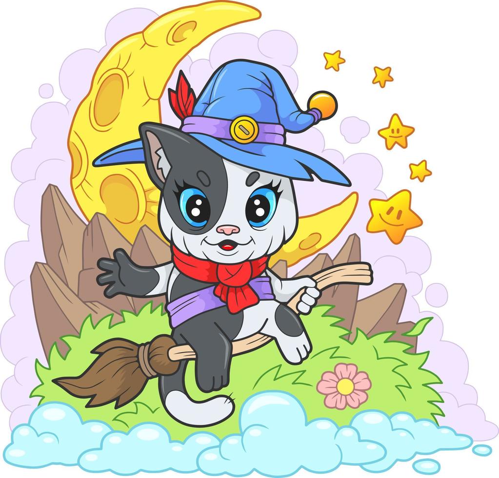 cute little witch cat, funny illustration, design vector