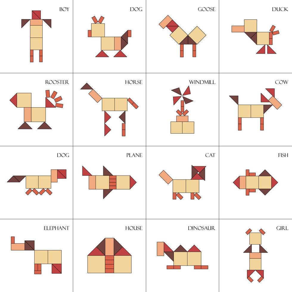 Rompecabezas tangram para niños. juego mongol Set con 16 objetos diferentes. ilustración vectorial vector