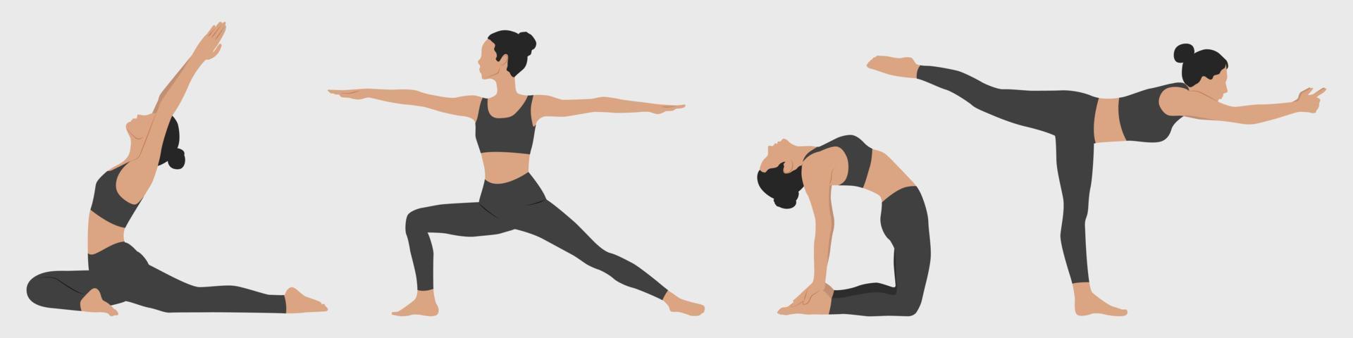 ambientado con mujeres haciendo yoga. posiciones de yoga las mujeres practican yoga. ilustración vectorial en estilo minimalista. vector