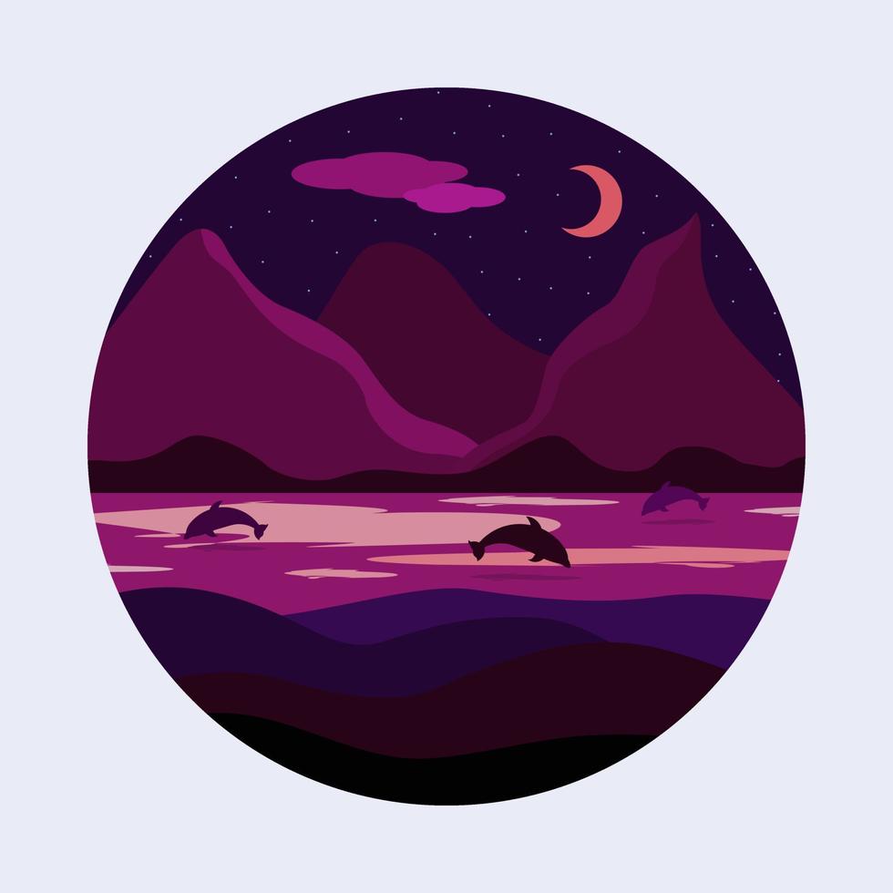 Night landscape with mountains, lake and dolphins. Nature background with mountains and forest. Silhouettes of dolphins in the lake. Vector illustration