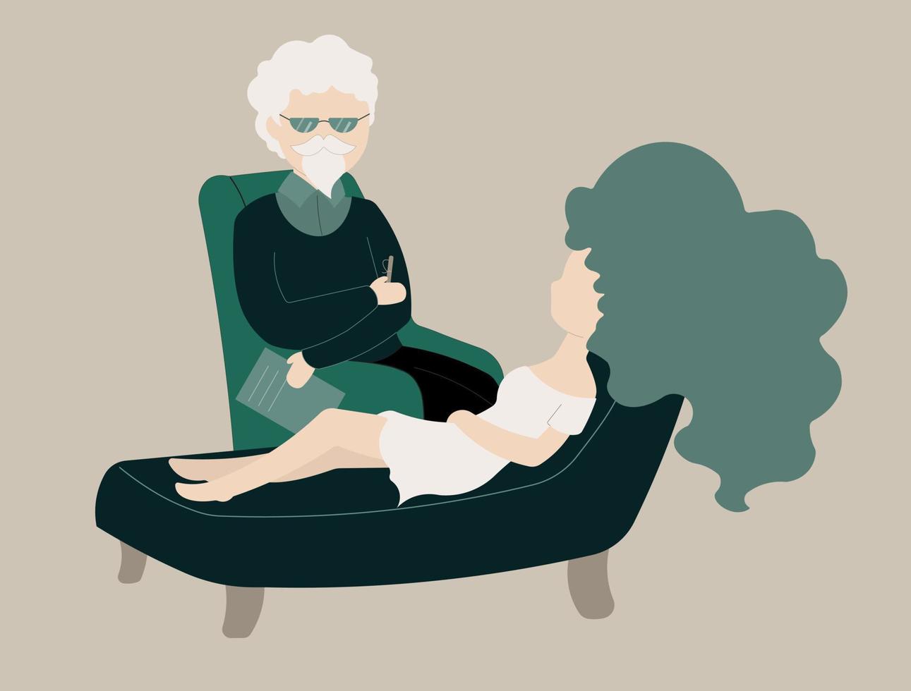 Psychotherapist providing psychotherapeutic assistance to a woman. Vector illustration. Psychoanalysis