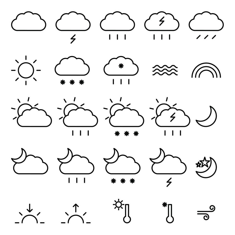 Outline web icons set with Weather forecast. Thin line icons collection. Modern isolated icons in flat style on white background. Vector illustration.