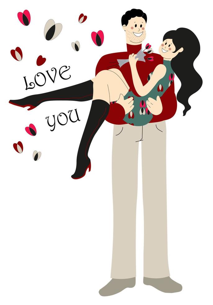 Man in love holding a woman in his arms. Vector postcard. Vector illustration