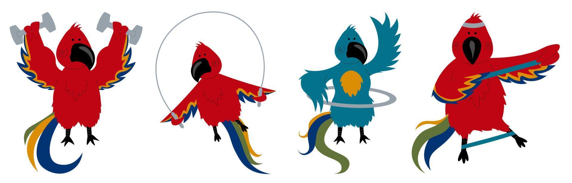Funny macaw parakeets doing sports. Set of sports parrots. Vector illustration