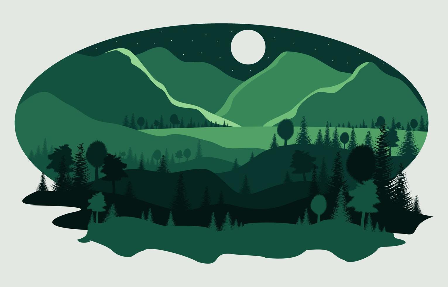 paisaje nocturno de dibujos animados con montañas y bosques. paisaje nocturno de dibujos animados para el diseño conceptual. ilustración vectorial de dibujos animados. vista nocturna. vector