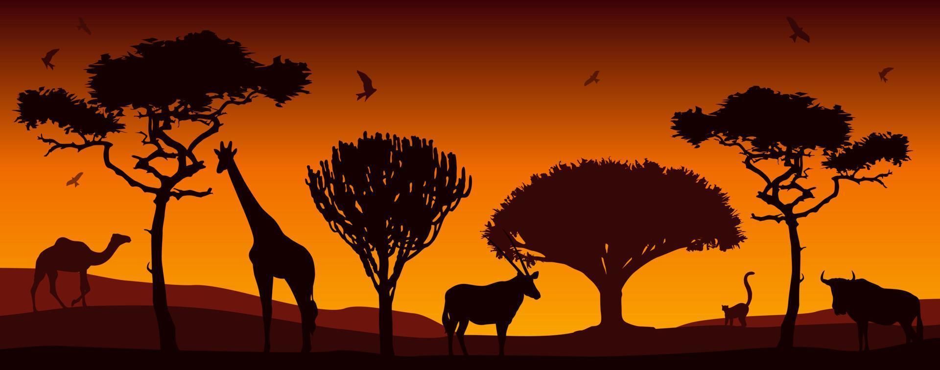 Modern art with silhouettes of african animals and african trees. Beautiful illustration with sunset in Africa. Vector illustration