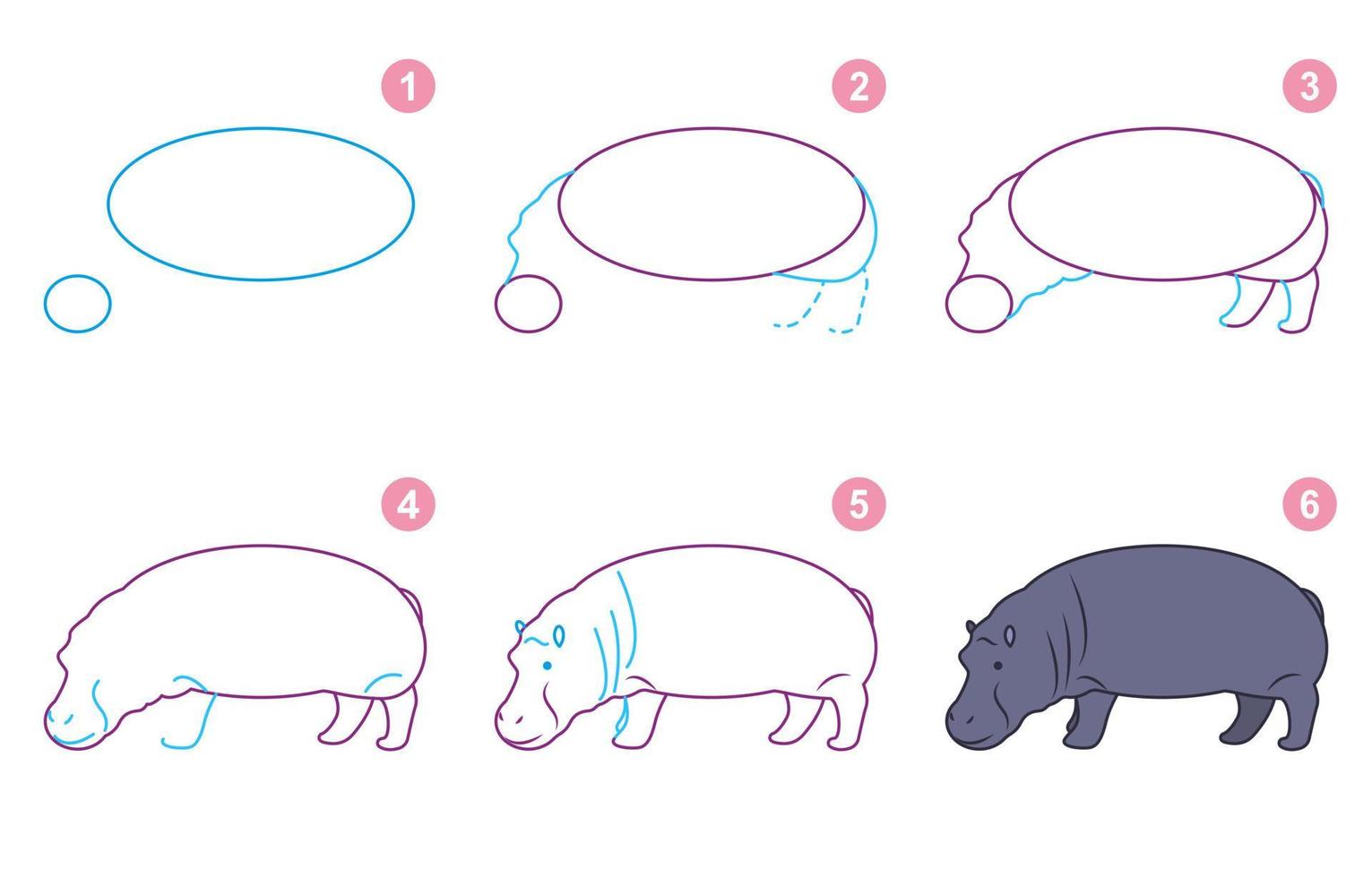 Instructions for drawing hippopotamus. Follow step by step for drawing hippo. Worksheet for kids learning to draw wild animal. Game for kids. Scheme for drawing hippopotamus. vector