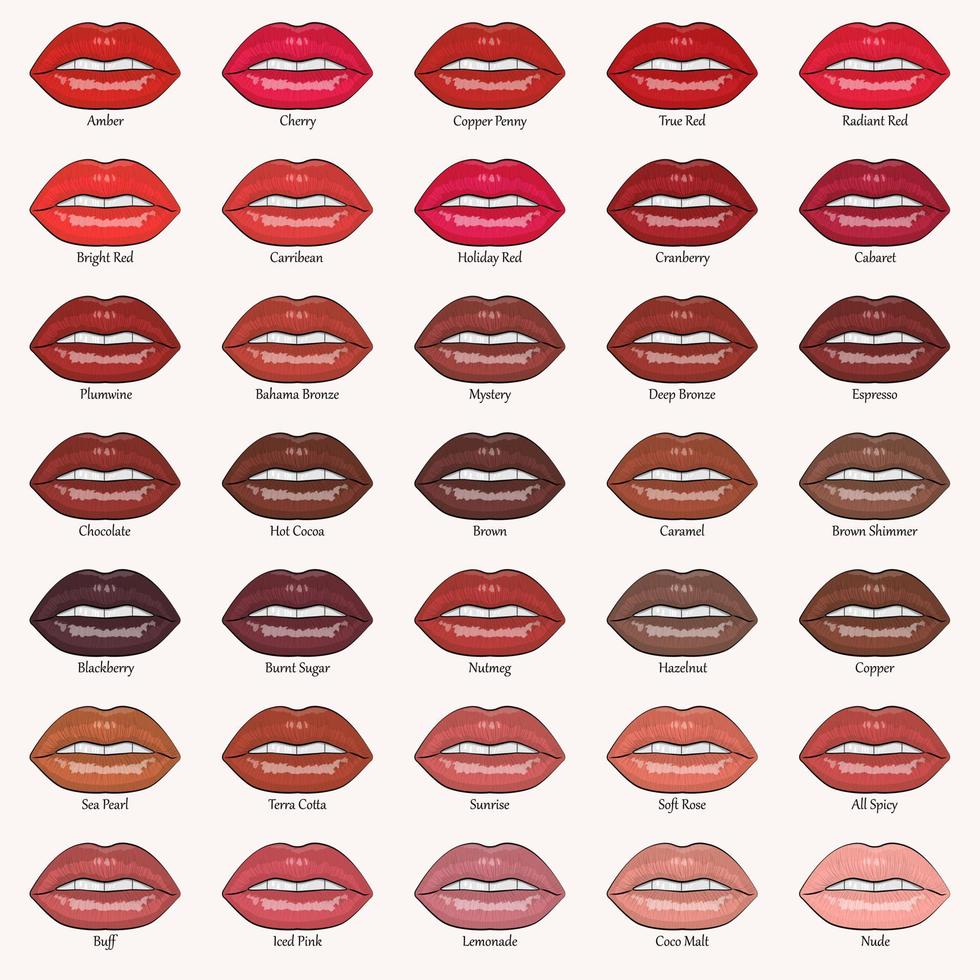 gran conjunto de labios de mujer en diferentes tonos. hermosos labios femeninos con diferentes barras de labios. ilustración vectorial barras de labios con tonos rojos y rosas. vector