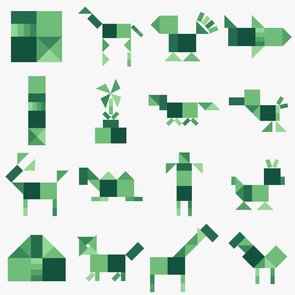 Tangram puzzle for children. Mongolian game. Set with different objects. Vector illustration