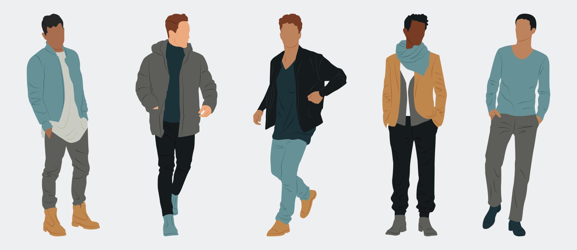 Set with stylish men in different clothes. vector