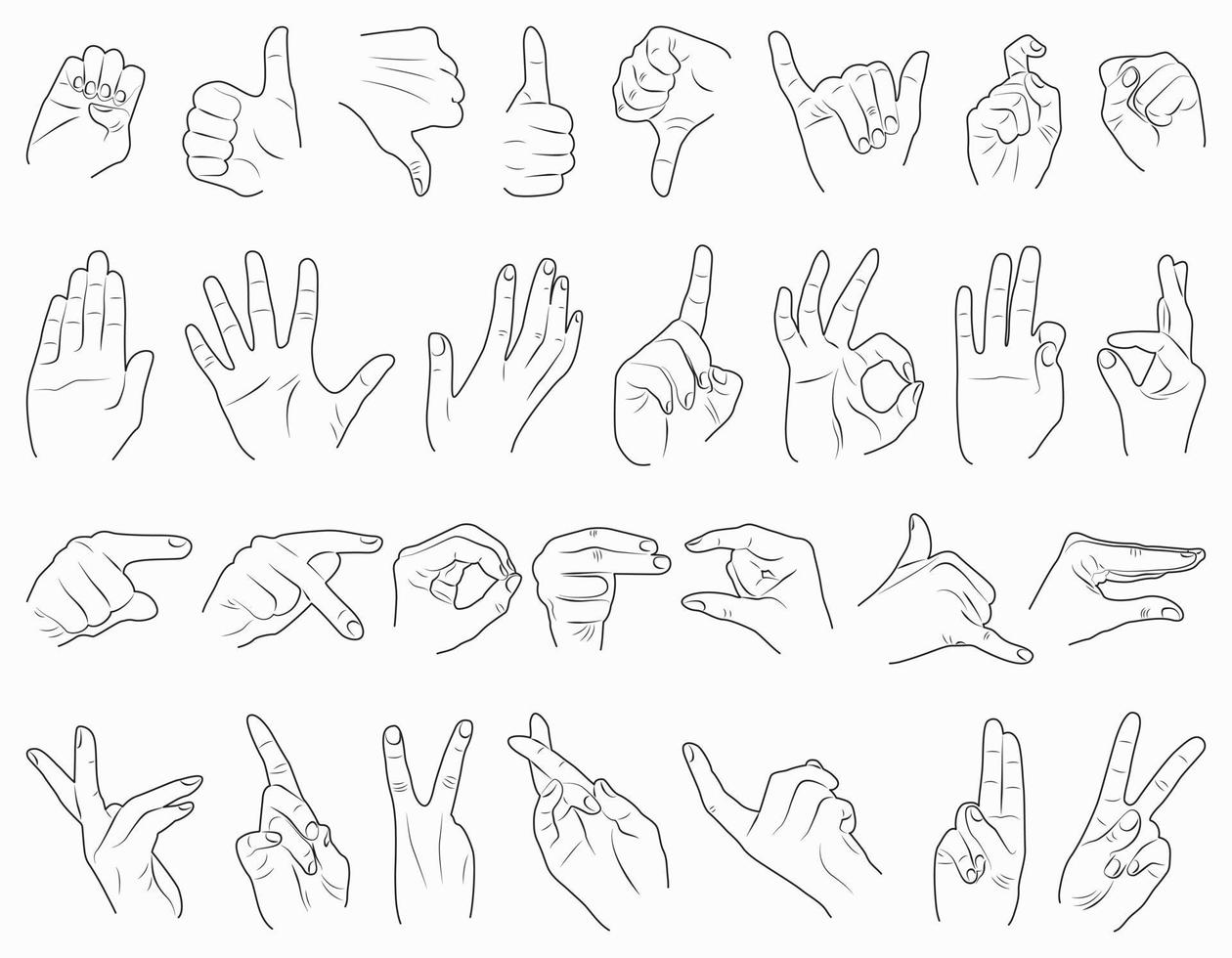 Big set with gestures of hands on white background.Set of linear female hands isolated on white background. Trendy minimalism style. vector