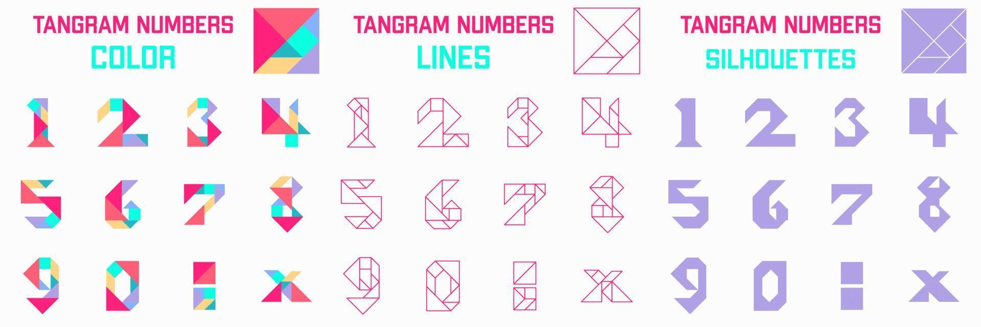 juego de rompecabezas tangram. esquemas con diferentes números. juego para niños. color tangram, siluetas y líneas. vector