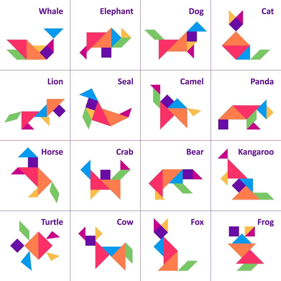 Tangram puzzle. Set of tangram wild and farm animals. Jigsaw for