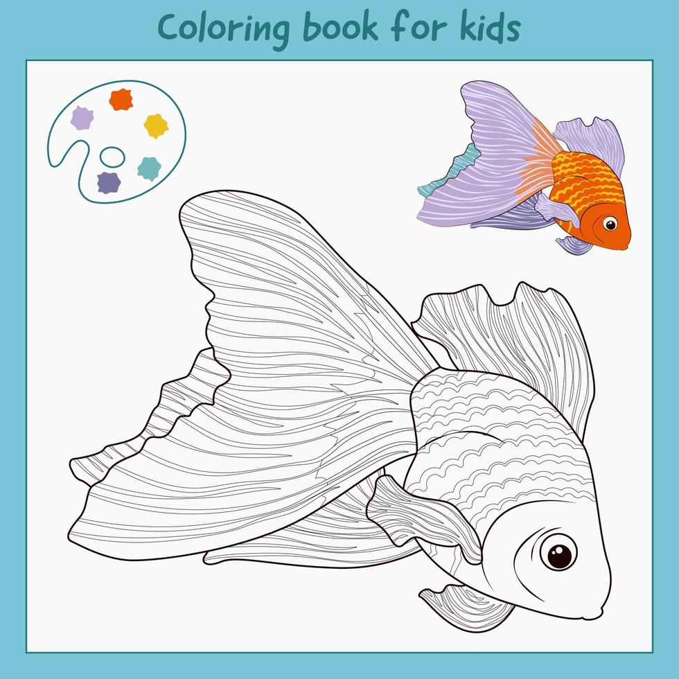 Coloring book for kids with cartoon veiltail fish. Tasks for children. Game for preschool children. Worksheets for practicing motor skills. Vector illustration