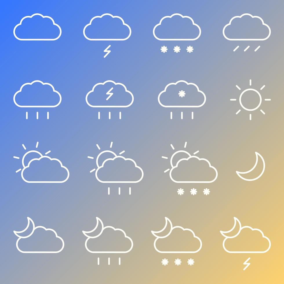 Outline web icons set with Weather forecast. Thin line icons collection. Modern isolated icons in flat style on gradient background. Vector illustration.